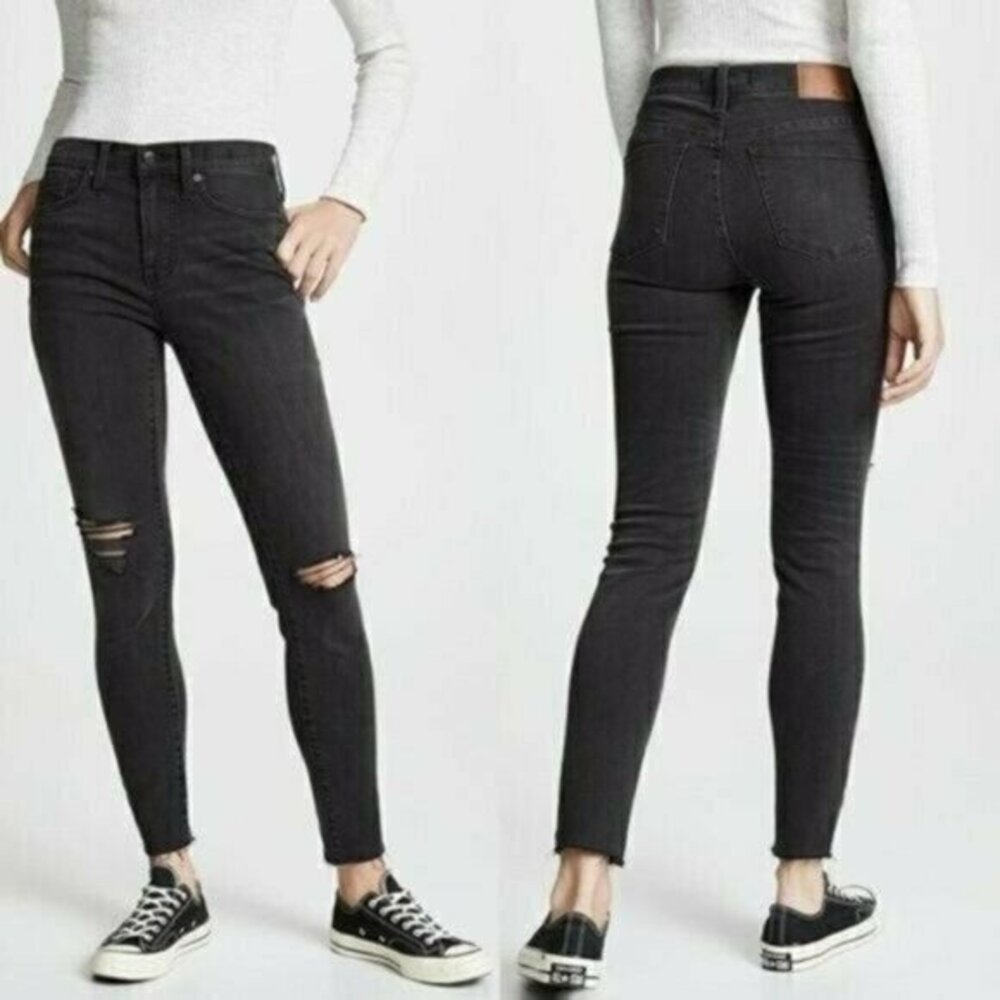 Madewell 9 Inch High Rise Skinny Jeans in Black Sea Knee Holes
